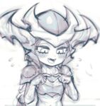  1girl :d armor blush fangs flying_sweatdrops helmet index_fingers_together league_of_legends open_mouth phantom_ix_row shoulder_plates shyvana sketch slit_pupils smile solo upper_body 