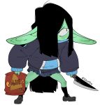  2023 absurd_res black_hair chip_bag female goblin green_body hair hi_res holding_knife holding_object humanoid humanoid_pointy_ears knife long_hair not_furry nuclearwasabi solo standing 