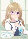  1girl blue_overalls blush braid buttoned_cuffs character_name cherry closed_mouth dated dot_nose drink drinking_straw faux_traditional_media food fruit fukuda_fukutarou glasses grey-framed_eyewear happy_birthday holding holding_drink ice ice_cream ice_cube idoly_pride light_brown_hair long_hair long_sleeves looking_at_viewer overalls purple_eyes shiraishi_saki shirt sidelocks smile solo swept_bangs twin_braids upper_body white_shirt 