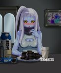  absurdres ahoge black_sclera blue_skin blush breasts cleavage colored_sclera colored_skin cookie dullahan eating food highres huge_breasts kitchen lala_(monster_musume) large_breasts milk monster monster_girl monster_musume_no_iru_nichijou the_blackout white_hair yellow_eyes 