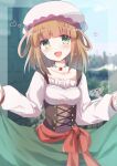  1girl :d blurry blurry_background bow breasts brick_wall brown_hair collarbone commentary_request day depth_of_field frilled_shirt frills green_eyes green_skirt hair_rings heart highres kuriyuzu_kuryuu long_sleeves looking_at_viewer medium_breasts outdoors princess_connect! puffy_long_sleeves puffy_sleeves red_bow rino_(princess_connect!) shirt signature skirt skirt_hold smile solo white_headwear white_shirt 