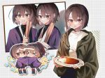  &gt;_&lt; 2girls blush brown_eyes brown_hair closed_mouth curry curry_rice food hair_between_eyes highres holding holding_plate hyuuga_(kancolle) ise_(kancolle) japanese_clothes kantai_collection kazeshio long_sleeves multiple_girls multiple_views open_mouth plate ponytail rice short_hair smile white_hair 