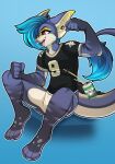  alcohol anthro beer beverage beverage_can blue_background blue_body blue_fur blue_hair bottomless bottomless_anthro bottomless_male cheek_tuft clothed clothing dragon ear_piercing facial_piercing facial_tuft fangs fur furred_dragon gauged_ear hair half-closed_eyes hi_res jay-r jersey lip_piercing male markings narrowed_eyes open_mouth open_smile piercing purple_body purple_fur simple_background smile snakebite_piercing solo sports_jersey tail tail_tuft tan_body tan_fur teeth tuft yellow_markings 