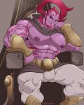  absurdres bara bare_pectorals black_eyes brown_cape bulge cape colored_skin erazor_djinn facial_hair genie highres large_pectorals long_sideburns maldu_(chokeylover) male_focus muscular muscular_male pectorals pink_skin purple_skin red_hair sideburns sitting sonic_(series) sonic_and_the_secret_rings tattoo 