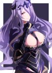  1girl absurdres armor black_armor breasts camilla_(fire_emblem) cleavage cleavage_cutout closed_mouth clothing_cutout commentary_request fake_horns fire_emblem fire_emblem_fates gauntlets gloves hair_ornament hair_over_one_eye highres horns large_breasts long_hair looking_at_viewer one_eye_covered purple_eyes purple_gloves purple_hair smile solo to_(tototo_tk) very_long_hair wavy_hair 