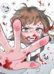  1girl blood blood_on_clothes blood_on_face blood_on_hands blood_splatter boku_no_hero_academia brown_eyes brown_hair bruise bruise_on_face crying highres injury looking_at_viewer messy_hair pov reaching reaching_towards_viewer short_hair simple_background solo tears ughama uraraka_ochako white_background 