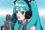  1girl aqua_eyes aqua_hair arm_tattoo bare_shoulders blue_eyes blue_hair blush collared_shirt grey_shirt hair_between_eyes hair_ornament halftone hatsune_miku headphones highres long_hair looking_afar microphone microphone_stand music necktie open_mouth pop_filter shirt simple_background singing smile solo sugarmonaka tattoo twintails very_long_hair vocaloid 