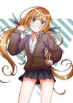  1girl absurdres akami_(sakanaakami) black_skirt blonde_hair brown_cardigan cardigan green_eyes grey_nails grin hair_ribbon hand_on_own_hip highres inda_karane kimi_no_koto_ga_dai_dai_dai_dai_daisuki_na_100-nin_no_kanojo long_hair looking_at_viewer multiple_girls pleated_skirt ribbon shirt simple_background skirt smile solo standing sweatdrop twintails 