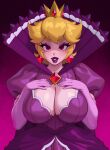  1girl absurdres blonde_hair breasts crown dress earrings elbow_gloves gloves highres jewelry large_breasts lipstick looking_at_viewer makeup mario_(series) open_mouth paper_mario paper_mario:_the_thousand_year_door possessed purple_dress red_eyes riz shadow_queen smile solo thick_eyebrows thick_lips 