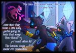  ambiguous_gender anthro argument armor blue_eyes bracers confrontation eeveelution english_text generation_1_pokemon generation_2_pokemon generation_3_pokemon group infinitydoom legendary_pokemon mew_(pokemon) nintendo orange_eyes pokemon pokemon_(species) poochyena shiny_pokemon text trio umbreon 