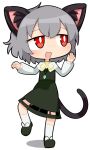  1girl :3 alternate_animal_ears alternate_tail animal_ears blush capelet cat_ears cat_girl cat_tail commentary_request cookie_(touhou) crystal flat_chest full_body grey_footwear grey_hair grey_skirt grey_vest hospital_king jewelry long_sleeves looking_afar looking_to_the_side medium_bangs nazrin nyon_(cookie) open_mouth pendant red_eyes shirt shoes short_hair simple_background skirt smile socks solo standing standing_on_one_leg tail touhou vest white_background white_capelet white_shirt white_socks 