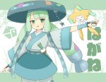  1girl :d absurdres blush bright_pupils commentary_request cowboy_shot green_eyes green_hair hat hatsune_miku highres holding holding_poke_ball japanese_clothes jirachi kimono large_hat long_hair open_mouth outstretched_arm poke_ball poke_ball_(basic) pokemon pokemon_(creature) pokemon_on_arm project_voltage shonasan smile steel_miku_(project_voltage) twintails vocaloid white_background wide_sleeves wristband 