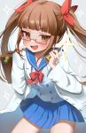  1girl absurdres blue_sailor_collar blue_serafuku blue_skirt blunt_bangs blush bow brown_eyes brown_hair glasses hair_bow hair_ribbon highres holding holding_screwdriver idolmaster idolmaster_cinderella_girls idolmaster_cinderella_girls_starlight_stage ikebukuro_akiha keychain labcoat long_hair long_sleeves looking_at_viewer neck_ribbon ningen_mame open_mouth pink-framed_eyewear pleated_skirt red_ribbon ribbon sailor_collar school_uniform screwdriver semi-rimless_eyewear serafuku simple_background skirt smile solo sparkle suitcase twintails under-rim_eyewear white_background 