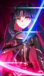  1girl black_bodysuit blue_hair bodysuit breasts cleavage fate/grand_order fate_(series) holding holding_sword holding_weapon ishtar_(fate) long_hair mikomiko_(mikomikosu) red_background red_eyes red_hair solo space_ishtar_(fate) space_ishtar_(first_ascension)_(fate) sword teeth weapon 