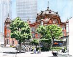  building bus car city day grass motor_vehicle motorcycle original road shadow sketch skyscraper street sunlight tall_grass toirom_pmxh tokyo_(city) tokyo_station train_station tree tree_shade window 