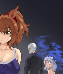  1boy 2girls anger_vein angry animal_ears aston_machan_(umamusume) aura bare_shoulders black_jacket blush_stickers breasts brown_hair cleavage collarbone commentary competition_school_swimsuit dark_aura distracted_boyfriend_(meme) ear_covers ear_piercing ears_back fukuro_(maruaru00) furious gradient_background grey_background grey_hair hair_ornament hair_scrunchie highres hishi_miracle_(umamusume) horse_ears horse_girl jacket jealous mask medium_hair meme multiple_girls piercing sanpaku school_swimsuit scrunchie side_ponytail sideways swimsuit t-head_trainer tracen_swimsuit trainer_(umamusume) turning_head umamusume upper_body yellow_eyes 