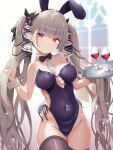  1girl animal_ears azur_lane bare_shoulders black_bow black_leotard black_ribbon black_thighhighs bow breasts brown_hair closed_mouth covered_navel cowboy_shot cup drinking_glass fake_animal_ears formidable_(azur_lane) groin hair_ribbon hands_up highleg highleg_leotard highres holding holding_tray large_breasts leotard long_hair looking_at_viewer makina9696 playboy_bunny rabbit_ears red_eyes ribbon smile solo thighhighs tray twintails two-tone_ribbon very_long_hair white_ribbon wine_glass wrist_cuffs 