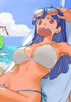  1girl ahoge beach_chair bikini blue_bikini blue_hair blue_nails blue_sky breasts cleavage cloud covered_mouth day drink large_breasts long_hair mask mouth_mask multicolored_hair navel ocean one_piece outdoors pink_eyes pink_hair pink_mask raine_(acke2445) sand shade side-tie_bikini_bottom sitting sky solo streaked_hair sunglasses swimsuit ulti_(one_piece) water white_bikini 