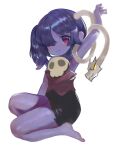  1girl arm_up armpits bare_arms bare_shoulders barefoot black_skirt blush colored_skin commentary dokomon english_commentary full_body hair_over_one_eye highres leviathan_(skullgirls) looking_at_viewer purple_eyes purple_hair purple_skin red_shirt shirt simple_background skirt skull skullgirls squigly_(skullgirls) stitched_mouth stitches white_background 