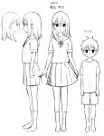  1boy 1girl age_difference arms_at_sides brother_and_sister closed_mouth empty_eyes from_side full_body ganaishoten greyscale hair_ornament hairclip height_difference highres holding holding_clothes holding_skirt kinugawa_itsuki kinugawa_sana light_blush medium_hair monochrome multiple_views original pleated_skirt profile reference_sheet ribbon school_uniform serafuku shirt short_hair short_sleeves shorts siblings simple_background sketch skirt smile socks standing sweatdrop t-shirt white_background 