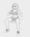  1girl abs breasts cleavage exercise eyebrow_piercing highres itch_(itchy_ears) looking_to_the_side monochrome muscular muscular_female original piercing shoes short_hair shorts sitting sketch sneakers solo sweat tank_top toned 