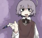  1girl @_@ ahoge bags_under_eyes black_bow black_bowtie blush bow bowtie brown_sweater_vest collared_shirt colored_eyelashes dress_shirt green_eyes grey_hair half-closed_eyes holding holding_syringe long_sleeves looking_at_viewer open_mouth original purple_background raised_eyebrow shirt short_hair smile solo sweater_vest syringe torosakana upper_body white_shirt 