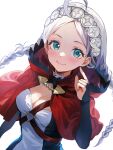  1girl ahoge black_bridal_gauntlets blue_eyes braid breasts capelet fire_emblem fire_emblem_fates hairband harness highres hood hooded_capelet jurge looking_at_viewer low_twin_braids medium_breasts nina_(fire_emblem) o-ring o-ring_harness parted_bangs red_hood solo twin_braids two-tone_shirt upper_body white_background white_hair 