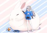  1girl animal blue_sleeves bronya_zaychik crossed_bangs drill_hair grey_eyes grey_hair highres homu_(honkai_impact) honkai_(series) honkai_impact_3rd luyue open_hand petting project_bunny rabbit signature smile standing thighhighs white_thighhighs 