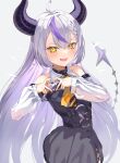  1girl absurdres ahoge ascot belt black_belt black_nails blush braid demon_girl demon_horns demon_tail detached_sleeves dress fang grey_hair heart heart_hands highres hololive horns la+_darknesss la+_darknesss_(1st_costume) long_hair looking_at_viewer maririri111 multicolored_hair nail_polish o-ring o-ring_belt open_mouth purple_dress purple_hair single_braid skin_fang slit_pupils solo streaked_hair tail virtual_youtuber white_sleeves yellow_ascot yellow_eyes 