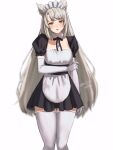  1girl alternate_costume animal_ears apron black_dress blush breasts cat_ears chest_jewel dress frills highres long_hair maid maid_apron maid_headdress mio_(xenoblade) official_alternate_hair_length official_alternate_hairstyle oyasu_(kinakoyamamori) puffy_short_sleeves puffy_sleeves short_sleeves simple_background thighhighs thighs very_long_hair waist_apron white_apron white_hair xenoblade_chronicles_(series) xenoblade_chronicles_3 yellow_eyes 