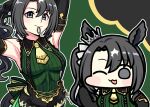  adjusting_hair animal_ears arms_up black_hair breasts chibi closed_mouth commentary_request crown detached_sleeves green_background green_eyes hair_between_eyes hair_ornament horse_ears horse_girl jazz_jack long_hair looking_at_viewer medium_breasts necktie one_eye_closed open_mouth satono_crown_(umamusume) shorts side_ponytail sleeveless umamusume 