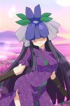  1girl black_gloves black_hair blurry blurry_background blush breasts cato_(monocatienus) china_dress chinese_clothes contrapposto covered_eyes cowboy_shot dress elbow_gloves flower flower_on_head gloves highres large_breasts long_hair mountainous_horizon outstretched_arms purple_dress purple_eyes purple_flower side_slit sidelocks sky smile touhou very_long_hair vine_print yomotsu_hisami 