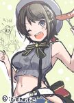  1girl :d armpits arms_up bare_shoulders belt black_bow black_bowtie black_hair blue_eyes blue_shorts bow bowtie buttons food fork grey_headwear grey_shirt hat holding holding_fork hololive irie_keisuke_(handn) looking_at_viewer midriff navel one_eye_closed oozora_subaru oozora_subaru_(2nd_costume) open_mouth pinstripe_pattern pinstripe_shirt sausage shirt short_hair shorts sleeveless sleeveless_shirt smile stomach striped suspender_shorts suspenders twitter_username white_belt 