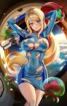  1girl adapted_costume arms_behind_head arms_up blonde_hair blue_dress blue_eyes blush bodysuit breasts commentary covered_navel dress floating_hair foxyreine gun headwear_removed helmet helmet_removed highres impossible_clothes indoors large_breasts long_hair long_sleeves looking_at_viewer metroid metroid_(creature) mole mole_under_mouth parted_lips patreon_logo patreon_username ponytail samus_aran signature skin_tight solo space thighs torn_clothes v-shaped_eyebrows weapon window 