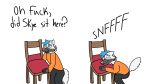  anthro black_muzzle blue_eyes blue_hair canid canine chair dialogue fox furniture hair hi_res jye male mammal meme pink_nose sniffing solo the_real_fish 