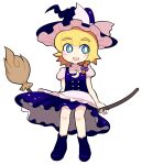  1girl apron blonde_hair blue_eyes blush bow braid bright_pupils broom broom_riding buttons commentary_request cookie_(touhou) crescent crescent_pin flat_chest frilled_apron frilled_hat frills full_body hair_bow hat hat_bow hospital_king kirisame_marisa looking_to_the_side meguru_(cookie) open_mouth purple_bow purple_footwear purple_headwear purple_skirt purple_vest shoes short_hair side_braid simple_background single_braid skirt smile solo teeth touhou upper_teeth_only vest waist_apron white_apron white_bow white_pupils witch_hat 