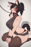  1girl animal_ear_fluff animal_ears black_collar black_hair blush breasts collar cuffs hair_between_eyes hair_ornament handcuffs highres hololive large_breasts leash multicolored_hair ookami_mio red_hair simple_background smile solo streaked_hair tail tail_wagging variant_set varniskarnis virtual_youtuber wolf_ears wolf_girl wolf_tail 