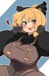  1girl absurdres black_bow blonde_hair blue_background bow breasts brown_dress commentary dress extra_eyes hair_bow heart highres kurodani_yamame large_breasts looking_at_viewer open_mouth orange_eyes outline puffy_sleeves rinyamame short_hair solo teeth touhou upper_teeth_only white_outline 