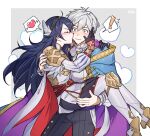  ! 1boy 1girl absurdres black_gloves blue_eyes blush cape carrying carrying_person closed_mouth fire_emblem fire_emblem_awakening fire_emblem_heroes gloves hand_on_another&#039;s_cheek hand_on_another&#039;s_face heart hetero highres kiss kissing_cheek long_hair lucina_(fire_emblem) lucina_(resplendent)_(fire_emblem) official_alternate_costume princess_carry puffy_sleeves purple_cape robin_(fire_emblem) robin_(male)_(exalt&#039;s_deliverer)_(fire_emblem) robin_(male)_(fire_emblem) shoulder_pads silvercandy_gum speech_bubble spoken_exclamation_mark spoken_heart white_cape white_hair wide-eyed wing_hair_ornament 