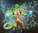  abs absurd_res anthro balls biceps blue_body claws detailed_background digital_media_(artwork) electricity electricity_manipulation electrogenesis elemental_manipulation erection facial_markings fingers foreskin forest gecko genitals gradient_body green_body head_markings hi_res howlfeiwolf humanoid_genitalia humanoid_penis lightning lizard looking_at_viewer magic magic_user male markings multicolored_body muscular muscular_anthro muscular_male nude open_mouth outside pecs penis plant reptile scalie signature solo solo_focus spots teeth tree yellow_body 