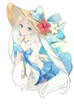  1girl akihiro_(acrobat!c) ball beach beachball bikini blue_bikini blue_bow blue_eyes blue_sarong bow commentary_request double-parted_bangs drill_hair fate/grand_order fate_(series) flower hat hat_bow hat_flower highres looking_at_viewer marie_antoinette_(fate) marie_antoinette_(swimsuit_caster)_(fate) red_flower sarong sidelocks solo straw_hat swimsuit twin_drills twintails white_flower white_hair 