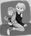  anatid anseriform anthro avian bird camel_toe cellphone clothing disney drockdraw duck ducktales ducktales_(2017) female footwear hi_res lena_(ducktales) looking_at_viewer monochrome phone shoes solo spread_legs spreading topwear underwear upskirt young 