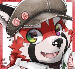  ailurid anthro braided_hair braided_ponytail bust_portrait clothing darakuda810 dress_shirt fur hair hat headgear headwear lifewonders male mammal multicolored_eyes ponytail portrait red_body red_fur red_panda shirt solo tokyo_afterschool_summoners topwear young zhurong_(tas) 