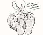  4_toes anthro dialogue duo english_text feet foot_fetish foot_focus foot_play hi_res insole keromasou keromasou_(artist) lagomorph leporid low-angle_view male male/male mammal rabbit soles sparky_the_chu_(character) text toes underfoot 