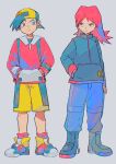  2boys amaya_uw backwards_hat bangs black_hair boots closed_mouth commentary_request ethan_(pokemon) frown grey_background hand_in_pocket hands_in_pockets hat highres jacket knees long_hair long_sleeves male_focus multiple_boys pants pants_tucked_in pokemon pokemon_(game) pokemon_gsc short_hair shorts silver_(pokemon) standing yellow_shorts 