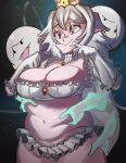  1girl absurdres boo_(mario) breasts choker collarbone crown earrings ghost gloves grabbing highres jewelry long_hair mario_(series) moxydraws navel pointy_ears princess_king_boo red_eyes shiny_skin standing stomach thick_thighs thighs tongue white_hair wide_hips 