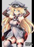  1girl armpits bismarck_(kancolle) blonde_hair blue_eyes breasts detached_sleeves grey_background grey_headwear grey_socks hat highres kantai_collection kneehighs kumakou large_breasts long_hair looking_at_viewer military_hat no_pants peaked_cap simple_background smile socks solo tight_clothes translation_request upper_body 