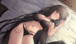  1girl bed_sheet black_bra black_hair black_panties blue_archive blush bra breasts envyvanity halo large_breasts long_hair looking_at_viewer lying navel on_back panties pillow red_eyes red_nails rio_(blue_archive) solo stomach tablet_pc underwear very_long_hair 