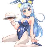  1girl :o absurdres animal_ears arm_support baozi blue_bow blue_bowtie blue_eyes blue_footwear blue_hair blue_hairband blue_nails blue_theme blush bow bowtie breasts cleavage clothing_cutout fake_animal_ears food grey_pantyhose groin hair_ornament hairband hairclip head_tilt high_heels highres holding holding_tray leotard long_hair looking_at_viewer medium_breasts nail_polish navel navel_cutout nyama pantyhose parted_lips playboy_bunny rabbit_ears rabbit_tail shoes show_by_rock!! simple_background sitting solo spade_cutout spade_hair_ornament strapless strapless_leotard tail tray tsukino_(show_by_rock!!) very_long_hair wariza white_background wrist_cuffs 
