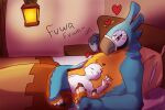  &lt;3 ambiguous_gender anthro avian blue_body blue_fur blush breath_of_the_wild cuddling digit_ring digital_drawing_(artwork) digital_media_(artwork) duo fluffy fur hi_res human human_on_anthro interspecies jewelry kass_(tloz) male male/ambiguous mammal nintendo orange_body orange_fur pillow pose ring size_difference the_legend_of_zelda wedding_ring whattheflix winged_arms wings 